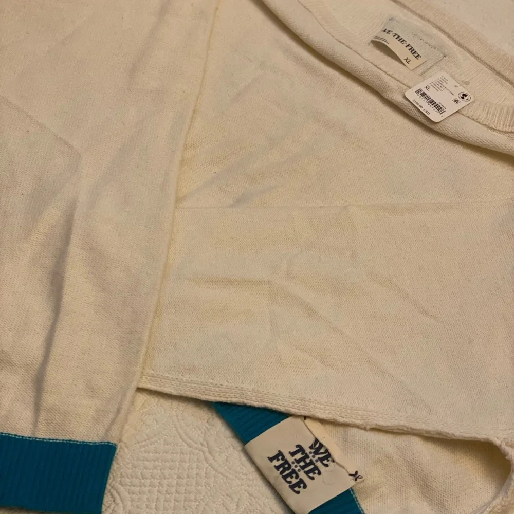 Free People Cream Cropped Sweater with Teal Trim - Picture 11 of 16